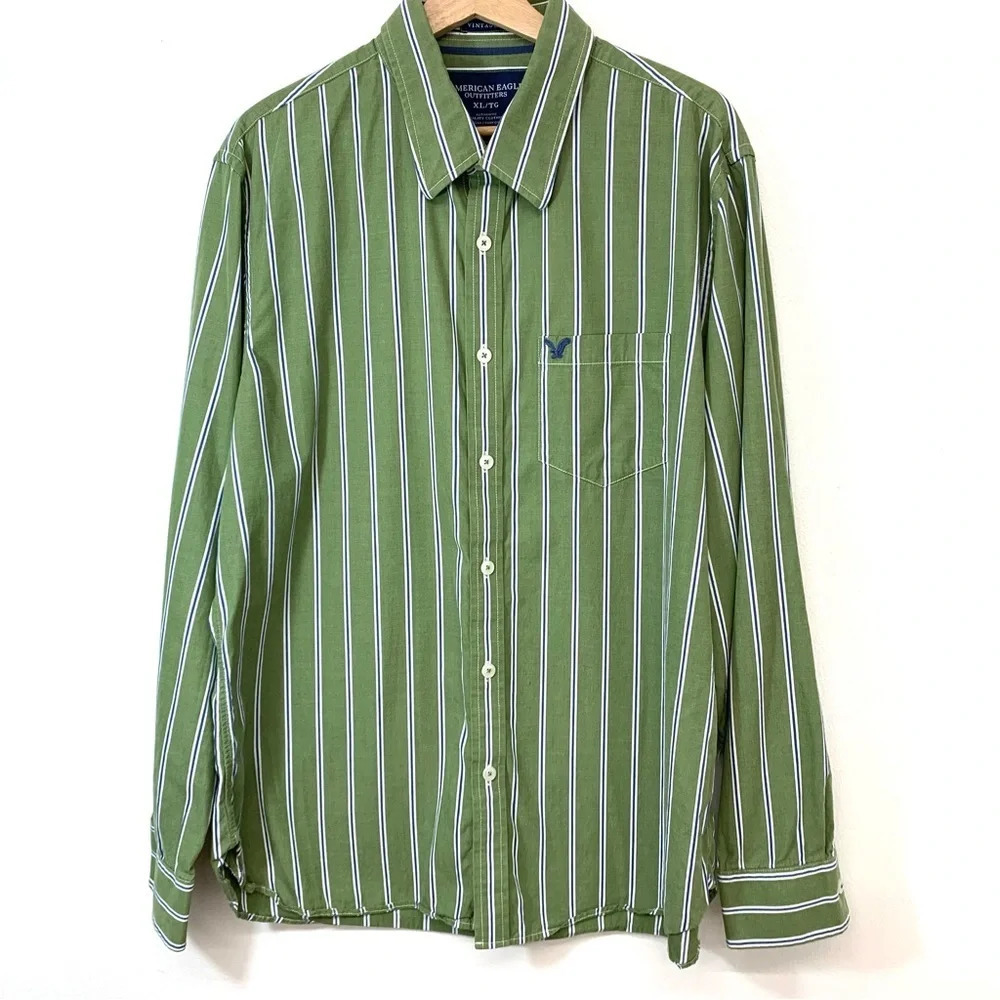American Eagle Shirt Men XL Long Sleeve Vintage Fit Green Stripe Cotton Casual